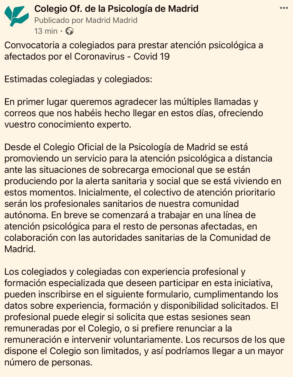 CopMadrid's tweet photo. Convocatoria a colegiados para prestar atención psicológica a afectados por el Coronavirus

https://t.co/5yibeWZHV9

En primer lugar queremos agradecer las múltiples llamadas y correos que nos habéis hecho llegar en estos días, ofreciendo vuestro conocimiento experto. https://t.co/6GwZFZjJES