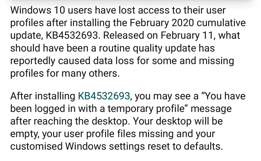 natashayounge's tweet photo. Ah ha! My cousin found this by @jheronwalker:
"KB4532693... create(s) a temporary user profile while itβs applying the updates... you end up getting logged into (a temporary user profile) instead of your account."
Spot on.π―
https://t.co/3ubNPLznoI
#Windows10fail https://t.co/miHJSEMJUR