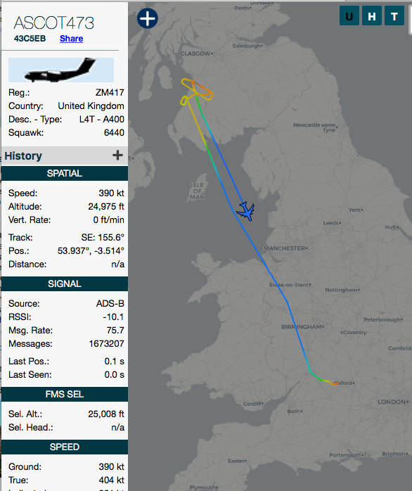 S_Corsto's tweet photo. π¬π§#RAF A400 having a wee scoot up to #Prestwick for a gander, and back home to #BrizeNorton by the looks of it
Callsign: ASCOT473
#43C5EB
Reg.: ZM417
Currently Squawking @ 6440
#A400M #AVGeek https://t.co/hmQxFFO2Wt