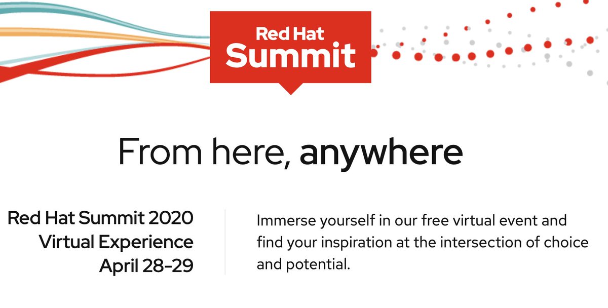 openshift's tweet photo. Red Hat Summit Virtual Experience has been launched!

https://t.co/f9vgOkYtOA

We will be hosting this free, immersive multi-day event from April 28-29, that delivers the same inspiring content from Red Hat Summit 2020 - keynotes, breakout sessions, access to Red Hat experts. https://t.co/rngaupcRXb