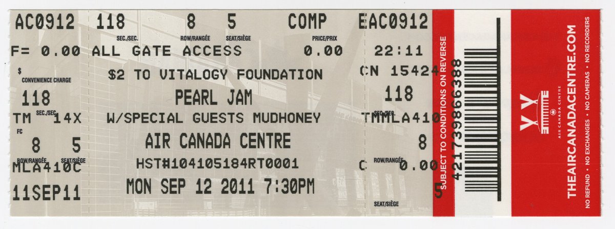 PearlJam's tweet image. The Gigaton North American tour would've kicked off today in Toronto. Since we can't be there, we'd like to remember a past visit. 

Pearl Jam has played Toronto 17 times since 1991. This is a ticket from the Sept 12, 2011 show at Air Canada Centre.

Thinking of you, Toronto. 🇨🇦