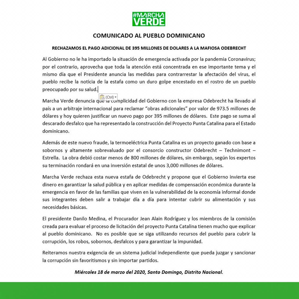 CeroImpunidadRD's tweet photo. COMUNICADO AL PUEBLO DOMINICANO
RECHAZAMOS EL PAGO ADICIONAL DE 395 MILLONES DE DOLARES A LA MAFIOSA ODEBRECHT
Al Gobierno no le ha importado la situación de emergencia activada por la pandemia Coronavirus; por el contrario, aprovecha que toda la... https://t.co/yhYoMUP3n6 https://t.co/rd8lWlAE5D