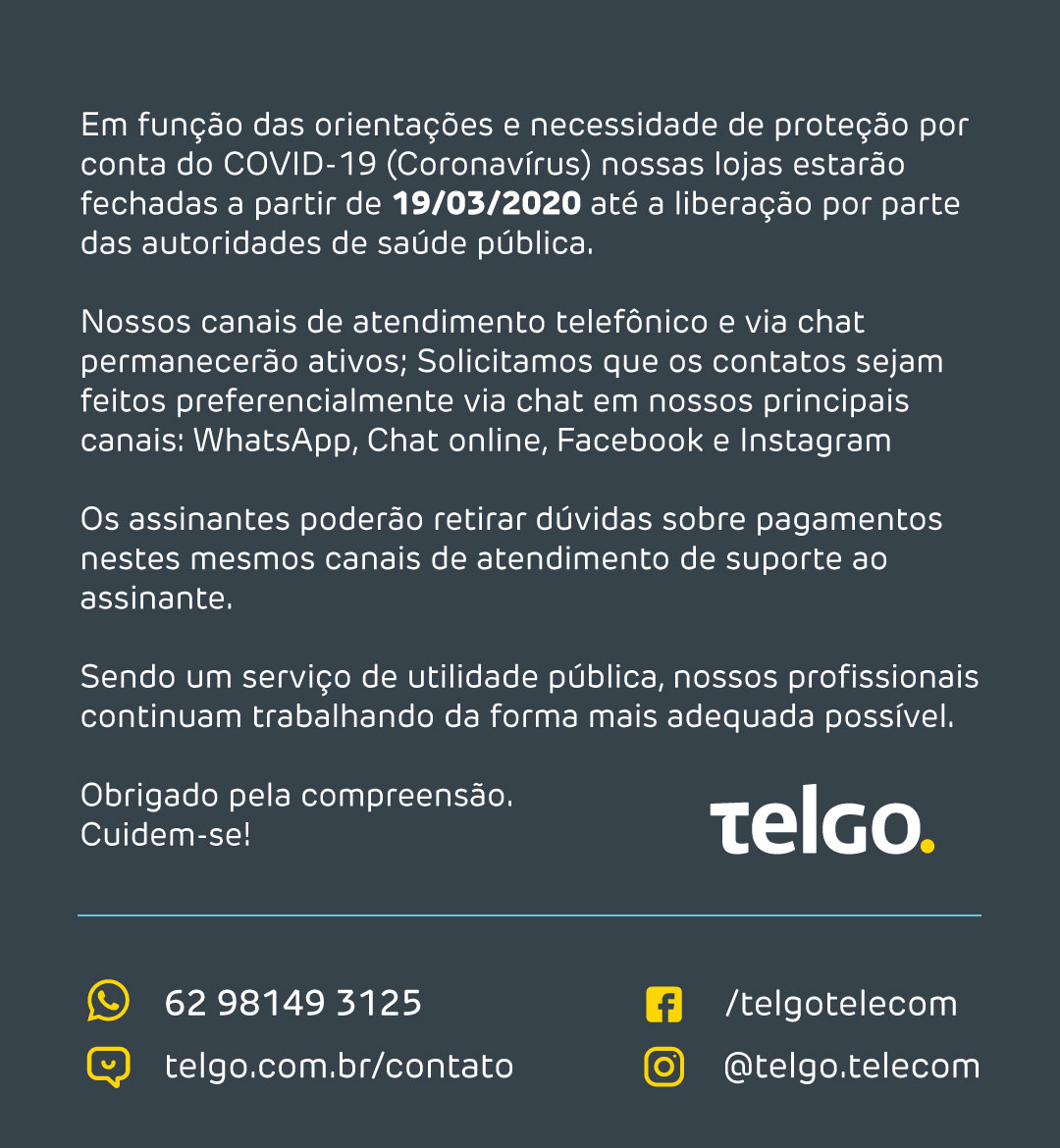 TelgoTelecom's tweet photo. Comunicado importante:
Nossas lojas estão fechadas https://t.co/UMfdSJlkTq