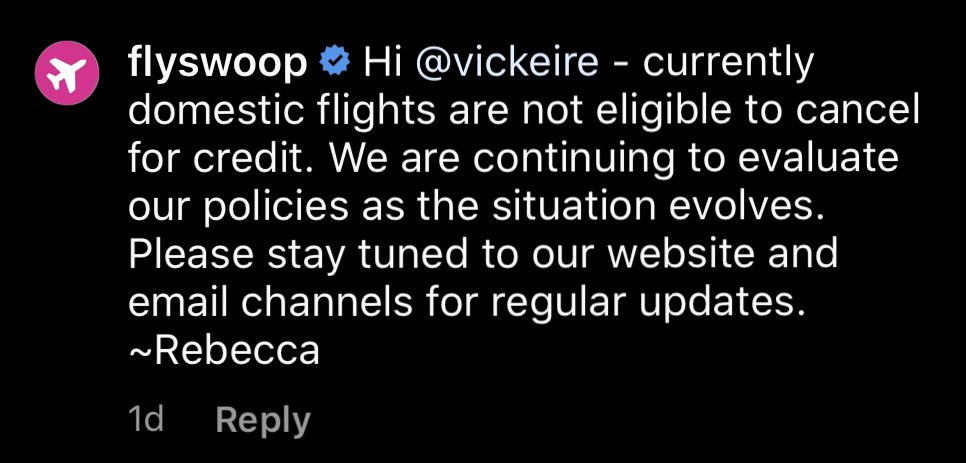 booksmackedMel's tweet image. So if you are flying domestic and you are trying to cancel you flight due to Coronavirus your SOL and out hundred of dollars. That’s essentially the messsge @FlySwoop is telling it’s customers. @globalnews @CTVNews  please do a story on this. #FlySwoop doesn’t care.