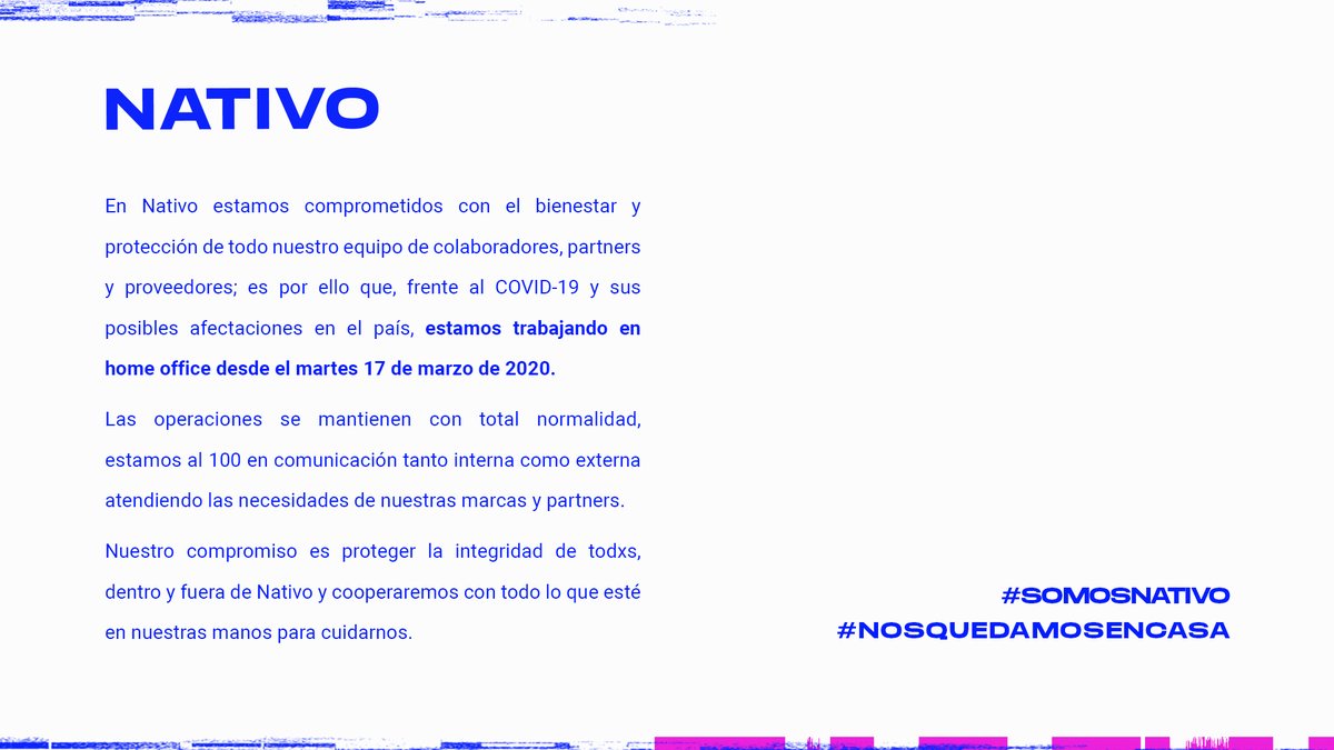 nativocompany's tweet photo. ****COMUNICADO IMPORTANTE****
La comunidad Nativo continúa laborando de manera cotidiana pero en modo home office. #NosQuedamosEnCasa #SomosNativo https://t.co/zYgeLAQeyr