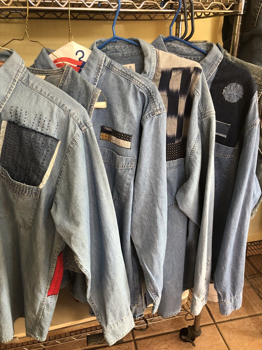 MariaMa07773407's tweet photo. Four upcycled denim shirts after covering logos. #upcycle #denim #boro #sashiko #repurpose #remake #mendmarch #sewing #mending #slowfashion https://t.co/oAstwbGuM5