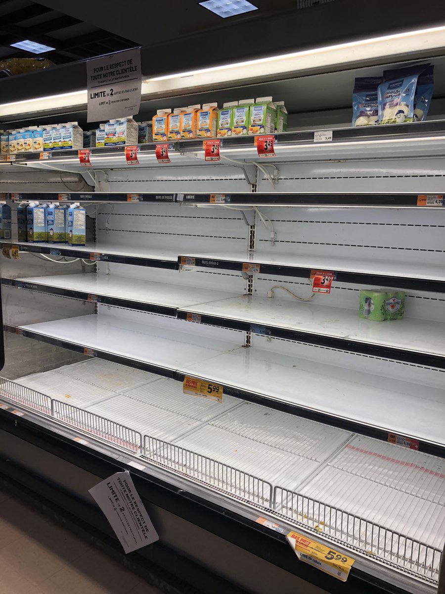 JelowickiGlobal's tweet photo. The metro grocery store in Westmount tonight...my sisters in England warned me empty grocery shelves are coming and here it is starting...hopefully people will respect the two max items per person! #covid19 https://t.co/fmPS3RHpMX