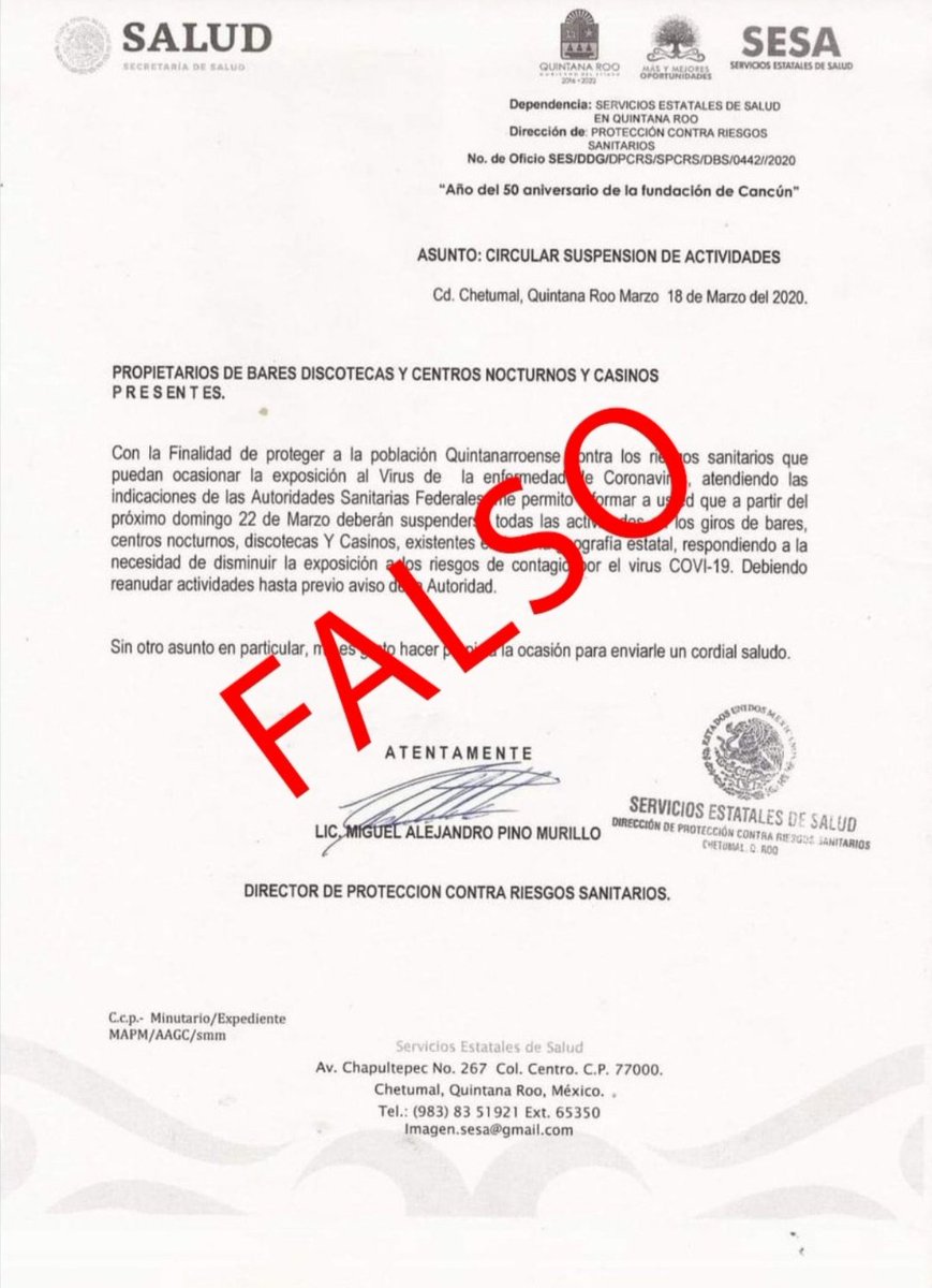 SESA_QROO's tweet photo. Circula este supuesto oficio de la COFEPRIS indicando a propietarios de bares y centros nocturnos a suspender actividades. Es completamente FALSO. https://t.co/HnKfn14qp8