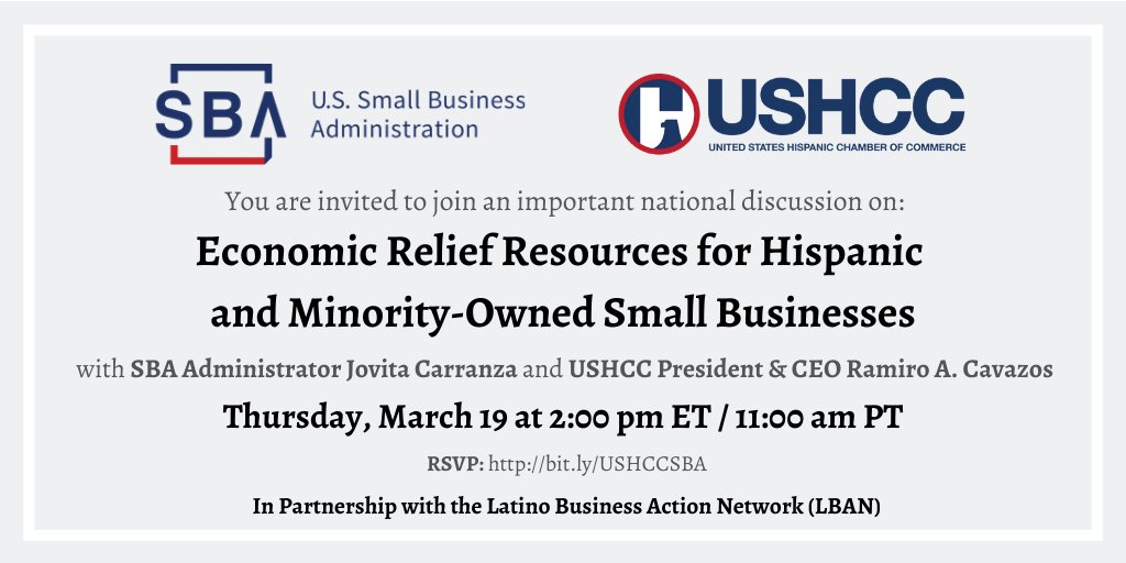 The USHCC and LBAN are proud to confirm that SBA Administrator Jovita Carranza will address our members on Thurs, March 19 at 2PM ET about resources for small businesses to weather the economic consequences of COVID-19. RSVP here: bit.ly/USHCCSBA <a href="/SBAJovita/">Jovita Carranza, SBA</a>
