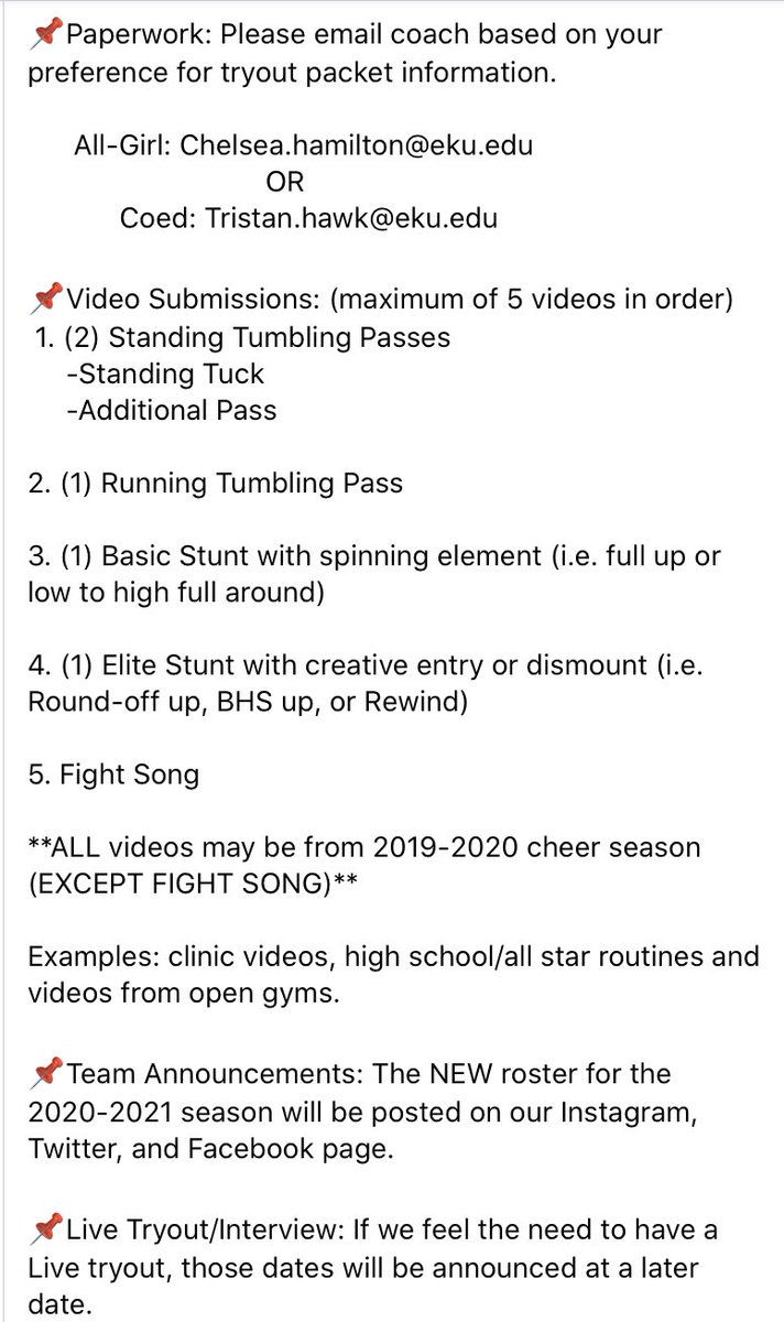 This year tryouts will be a little different but it’s going to be fun!!😊We can’t wait to be reunited with all our athletes, new and old, and get this next season officially going!!!! It’s going to be an Ahhmazing year!🤩🤩Go Big E!!!!🖤#StrongerTogether #EKUCHEER #LOE #COED