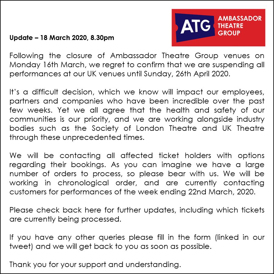 Update from <a href="/ATGTICKETS/">ATGtickets</a> - 18th March 2020.
Link to form: atgtickets.com/cv19form3