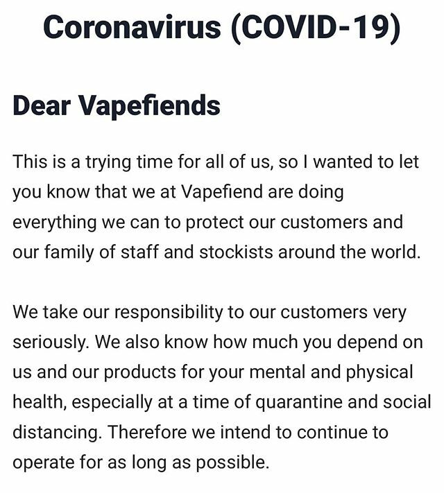 Here's our statement on Vapefiend's approach to #COVID-19. Stay safe everyone! Head over to the link in our bio for full details. ift.tt/2QtyVGv