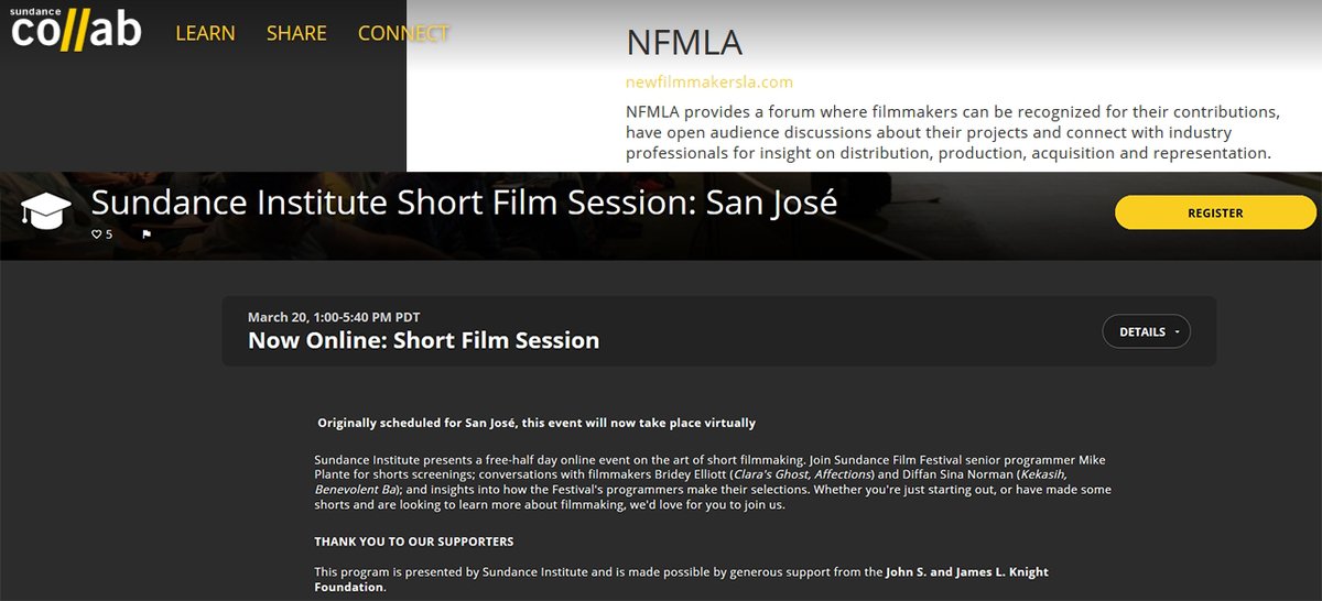 As a partner ( collab.sundance.org/catalog/Partne… ), <a href="/NFMLA/">NewFilmmakers LA</a> is excited to share FREE programming from <a href="/sundanceorg/">The Sundance Institute</a> Co//ab - the Art of #Filmmaking w/ Sundance Fest's <a href="/CinemadPresents/">Mike Plante</a> + #filmmakers @brideylee &amp; <a href="/DiffanNorman/">Diffan Norman</a> 3/20/20, 1pm PDT (thx <a href="/knightfdn/">Knight Foundation</a>). Info: t2d.tv/tfj