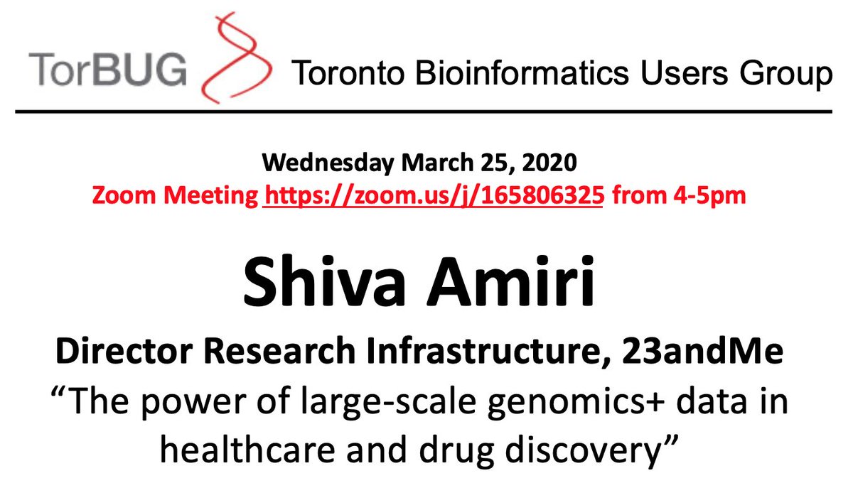 Come join us for our first remote TorBUG to chat about #bioinformatics for talks by trainee Elyssa Bader from <a href="/OICR_news/">Ontario Institute for Cancer Research (OICR)</a> and <a href="/AwadallaLab/">Awadalla Lab</a> as well as from guest speaker Dr. Shiva Amiri (<a href="/shivaamiri/">Shiva Amiri</a>) from <a href="/23andMe/">23andMe</a>!  torbug.org