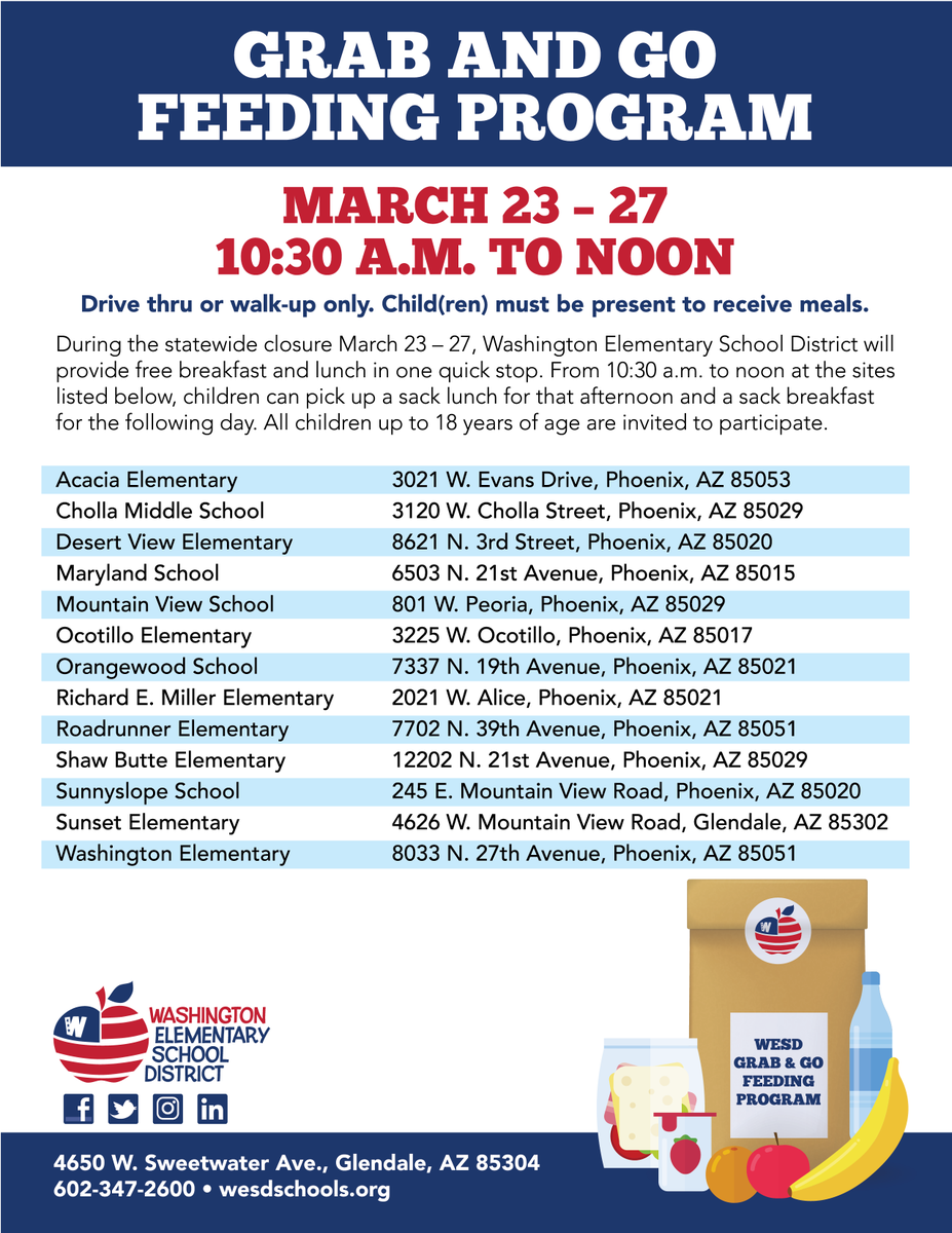 WESDschools's tweet photo. The WESD will provide FREE breakfast + lunch from 10:30 a.m. to noon, March 23 – 27 at 13 sites. Grab + Go food available for all kids 18 and under. They do not have to be students in the WESD to participate. Visit https://t.co/ZKuHTGjWWZ for more info and a list of locations. https://t.co/JW3fBONEWD
