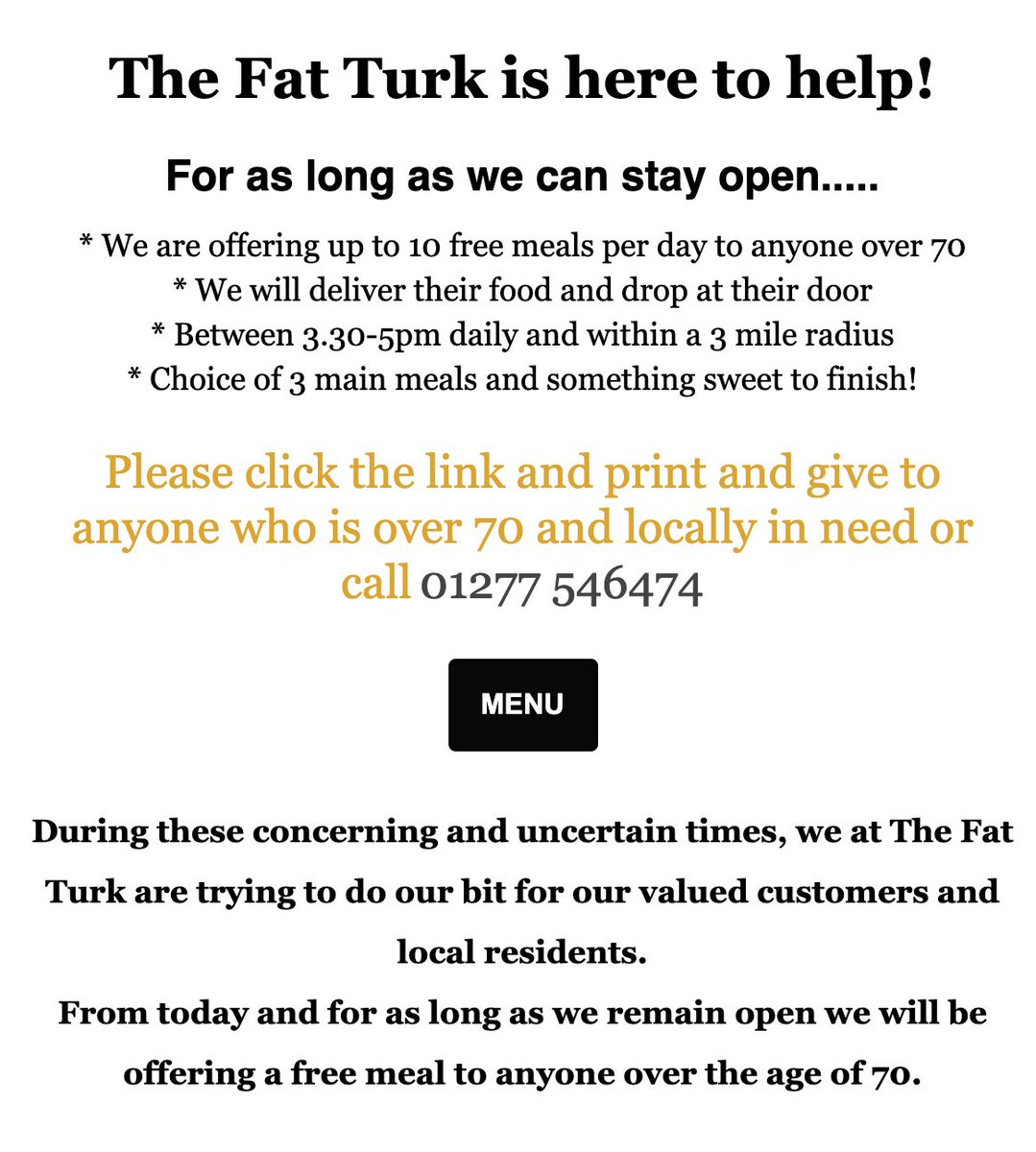 So, The Fat Turk restaurant in Brentwood, Essex are offering a free meal to anyone over the age of 70 delivered straight to their door. 

m.facebook.com/thefatturkbren…
thefatturk.com 

<a href="/news_in_essex/">Essex News</a> @KissFMUK <a href="/HeartEssex/">Heart Essex</a> <a href="/LBC/">LBC</a> <a href="/NickFerrariLBC/">Nick Ferrari</a>  <a href="/BBCNews/">BBC News (UK)</a> <a href="/TheSun/">The Sun</a> <a href="/DailyMirror/">The Mirror</a>