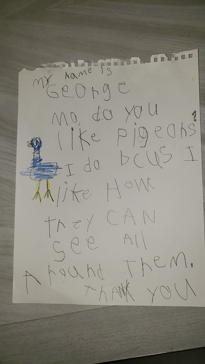 ayates04's tweet photo. @The_Pigeon  My son George is in K while his school is closed we are trying to find fun stuff to keep him engaged. Thanks for your video! He wrote this after learning to draw Pigeon. https://t.co/JHbyfyn7s5