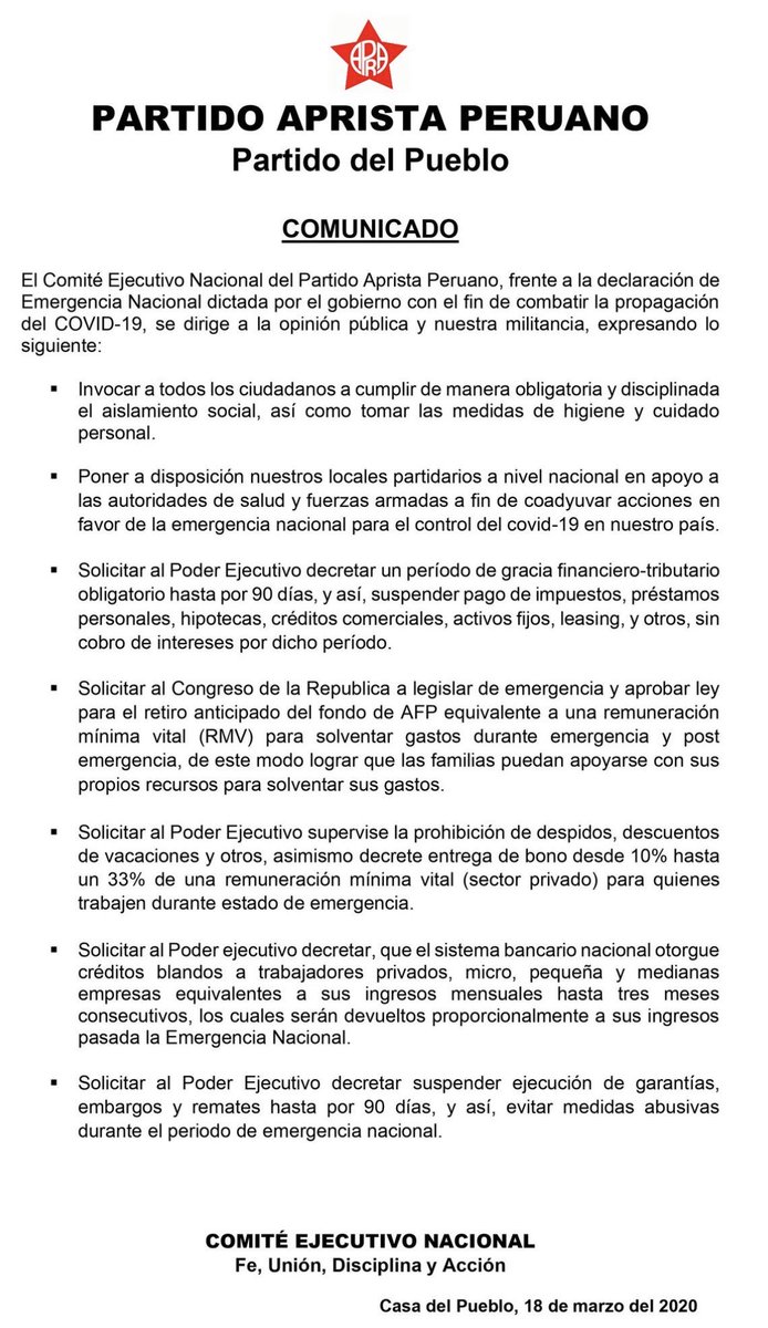 Omarquesadamart's tweet photo. El #APRA se pronuncia, ante la emergencia del #coronavirus . https://t.co/VNpadV6QMG