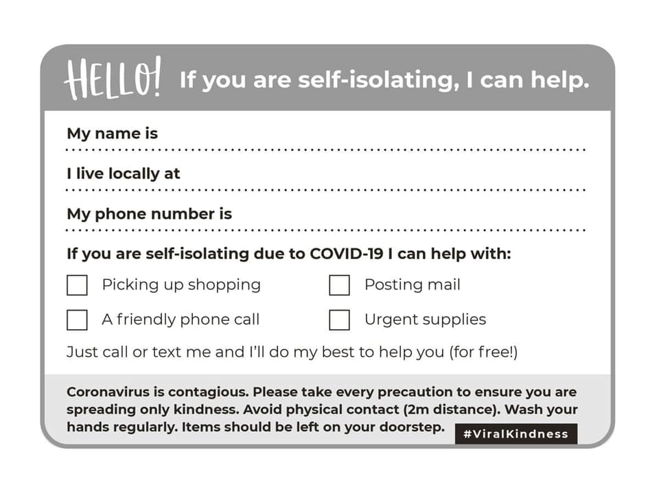 amightygirl's tweet photo. We love this printable post card that lets people notify their neighbors they're willing to help during #coronavirus self-isolation and shutdowns! Cornwall, UK resident Becky Wass designed the card, which includes precautions to take while providing help. https://t.co/Kg16erCem5 https://t.co/btpimSg35d