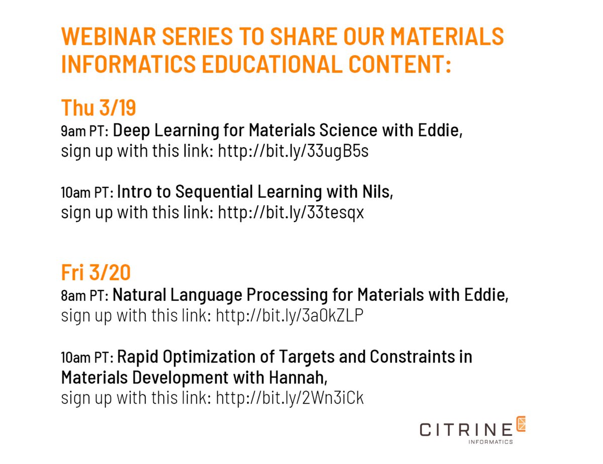 We want to do our part to promote community &amp; virtual learning. We are launching a webinar series to share our #materialsinformatics educational content. Swipe to see them all!
Thu 3/19, 9am PT: bit.ly/33ugB5s &amp; 10am PT: bit.ly/33tesqx