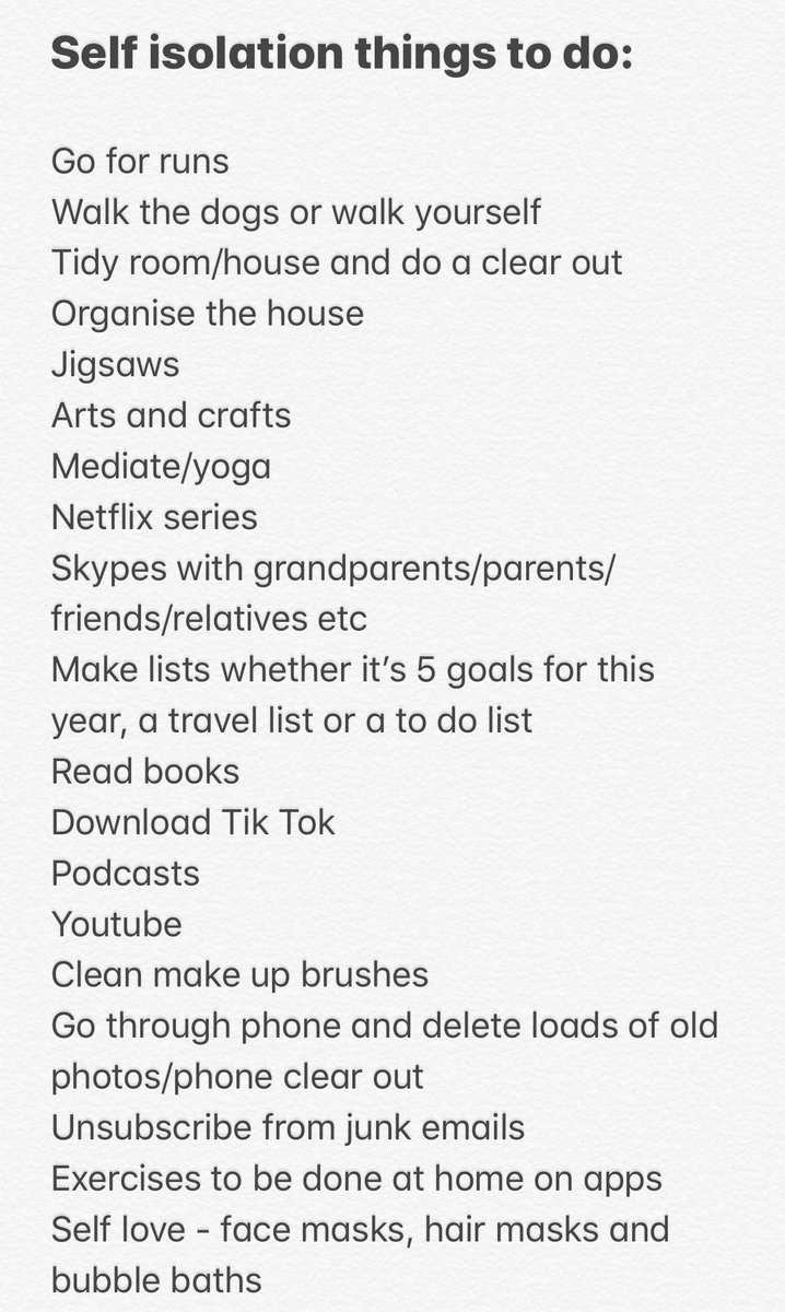 kadymcdermottx's tweet photo. So I wrote this list on my phone for things to do whilst self isolating, just thought I’d share ❤️ https://t.co/oycNy4ZbmK
