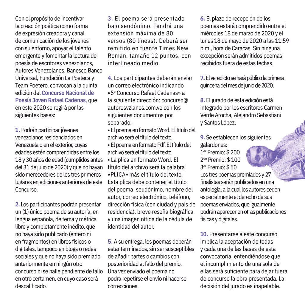 TeamPoetero's tweet image. Nos complace anunciar la convocatoria del 5° Concurso Nacional de Poesía Joven Rafael Cadenas junto a @AutoresVzlanos , @Poeteca1 y @Banesco. 

Consulta las bases en autoresvzlanos.com.ve

Participa✨