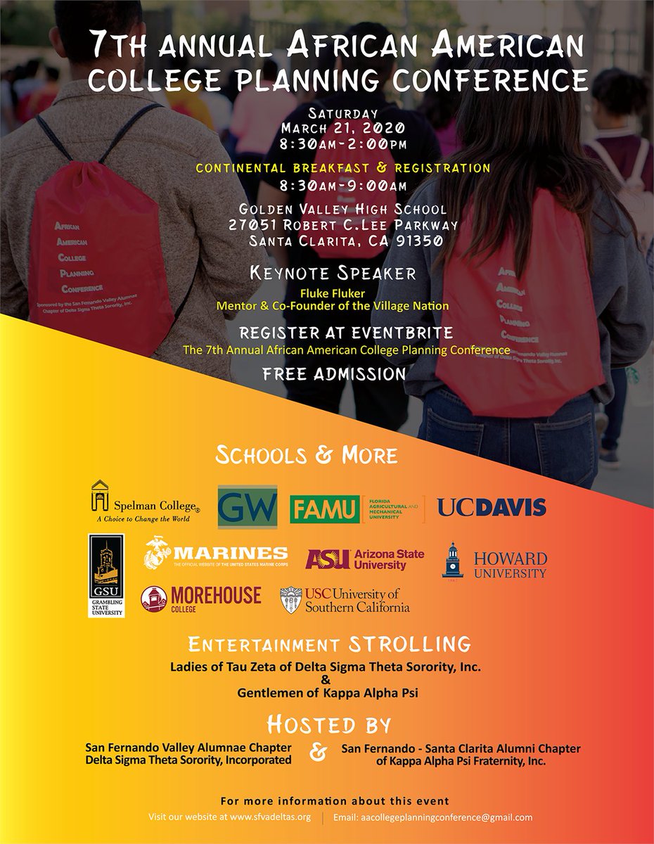 7th Annual African American College Planning Conference. Free admission and complimentary breakfast &amp; lunch. Keynote speaker Fluke Fluker. Sign-up today at: eventbrite.com/o/members-of-s…. See you there! #sfvadeltas #collegeplanning2020 #aacpc