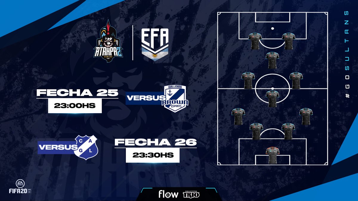 atrapa2gg's tweet photo. #FIFA20 | @EFAargentina 🏆

Juega A2G 🎮

🔹Fecha 25 - 23:00hs vs @LamaeSports
🔹Fecha 26 - 23:30hs vs @GBrowneSports

Entran ellos, JUGAMOS TODOS! 

📺 En vivo: https://t.co/VxudqadoZF

#GoSultans | #GalletitasTrio | #FlowGamingXP https://t.co/v00xOG8ib7