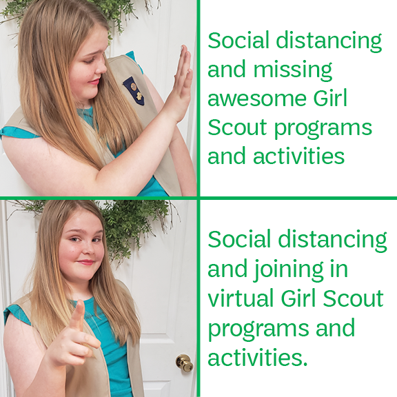 gsgc's tweet photo. School might be closed, activities might be canceled — but Girl Scouting never stops! While your family practices social distancing, girls can still join in on some of the programs you've all been looking forward to, all while keeping safe at home. https://t.co/xYX5WYVPbu https://t.co/5KEIIHA2mc