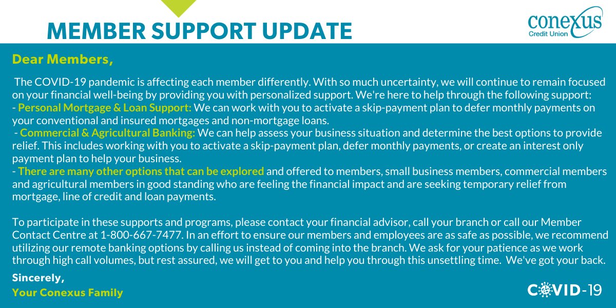 Conexus_CU's tweet photo. In times like these, we need to look out for each other. We are in this together and will continue to work through these challenges as a community. 

Below are just a few ways we can support you. Need help? Please call our Member Contact Centre at 1-800-667-7477 to learn more. https://t.co/VgC7a9CAi5