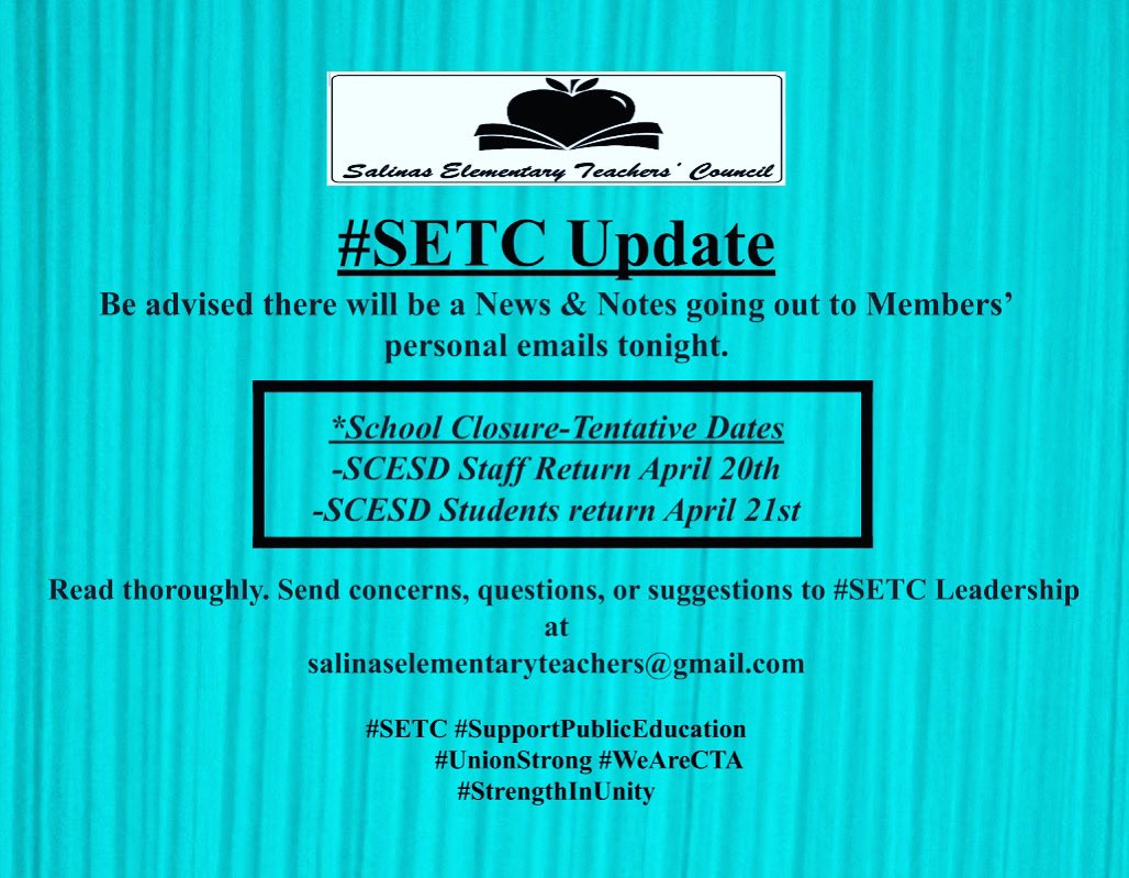 SalinasTeachers's tweet photo. SETC Members: Remember to find peace in this time of chaos.

#SETC #StrengthInUnity #WeAreCTA #SupportPublicEducation #SchoolClosures https://t.co/ssCDJEGsfV