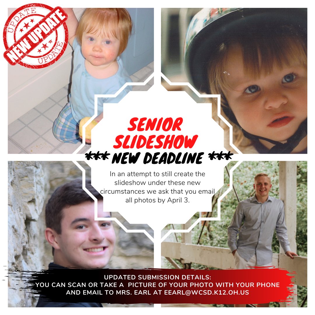 _wchsyrbk's tweet photo. 📣 ➡️ As we adjust to our new normal, we want u to know we haven’t forgotten about the Class of 2020. Email your Senior, Elementary &amp; Baby pics. Scan or take a picture with ur phone &amp; email to eearl@wcsd.k12.oh.us by April 3! No matter what, your senior slideshow will happen! 👏🏼 https://t.co/w8YMslX0Gp