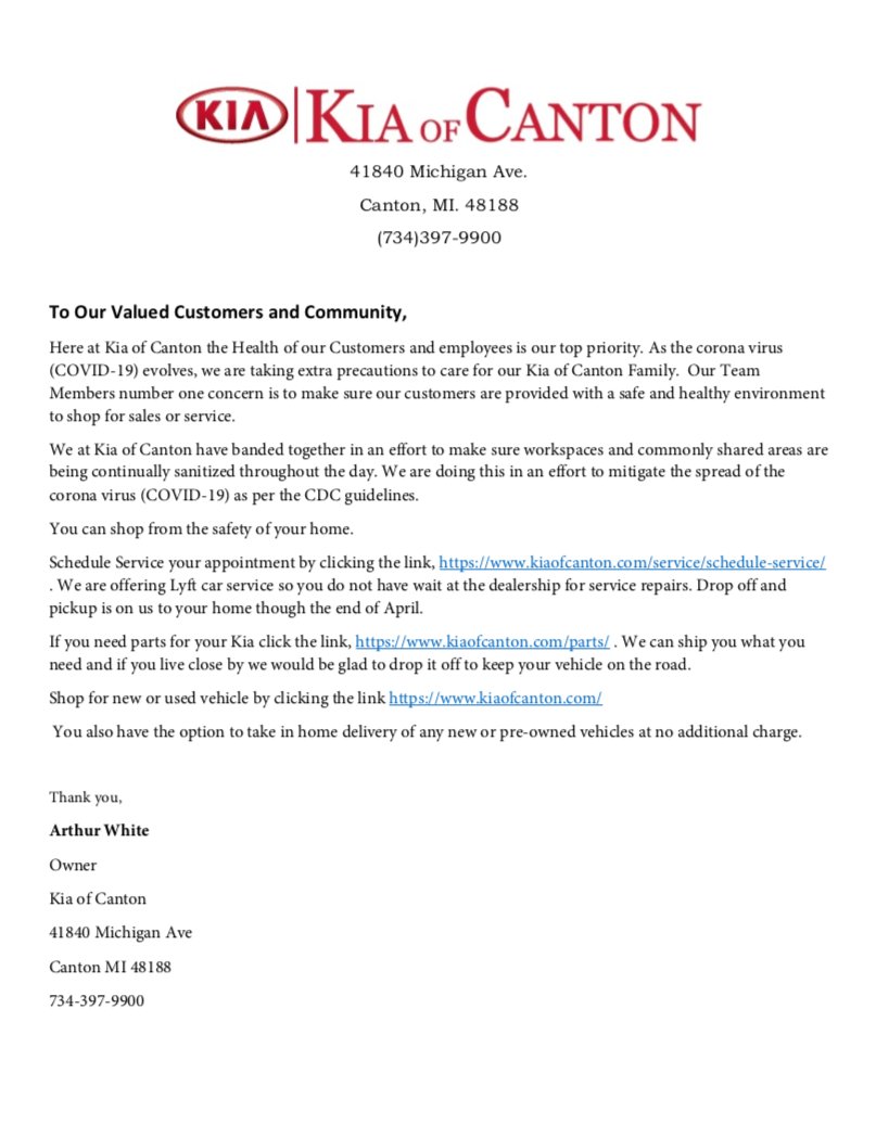 KiaofCanton's tweet photo. To our dear customers, 

In times like these, we want you to know that your well-being is our top concern! Please take a moment to read this letter as we take steps to ensure a healthy and safe environment for both our customers and our employees. https://t.co/8wYmMc4yFe https://t.co/JE7vxXC7RT