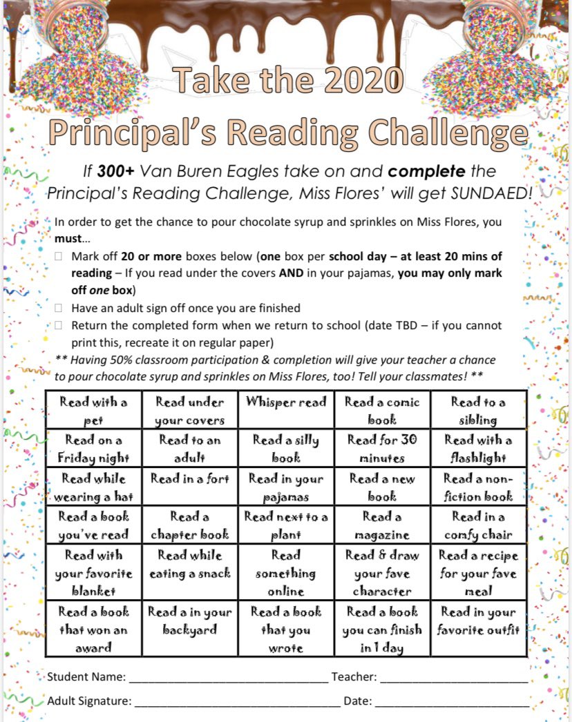 VanBurenEagles's tweet photo. Calling all Eagles! Participate in Miss Flores' reading challenge! β€οΈπ€ππ¦
β€οΈπ€π #JUSDshares #Reaaaad
Check your teacher's communication system or download here:
English: https://t.co/xlUSXf4aW3
Espanol: https://t.co/NjvxNQpMeG https://t.co/LaWEsByVtq