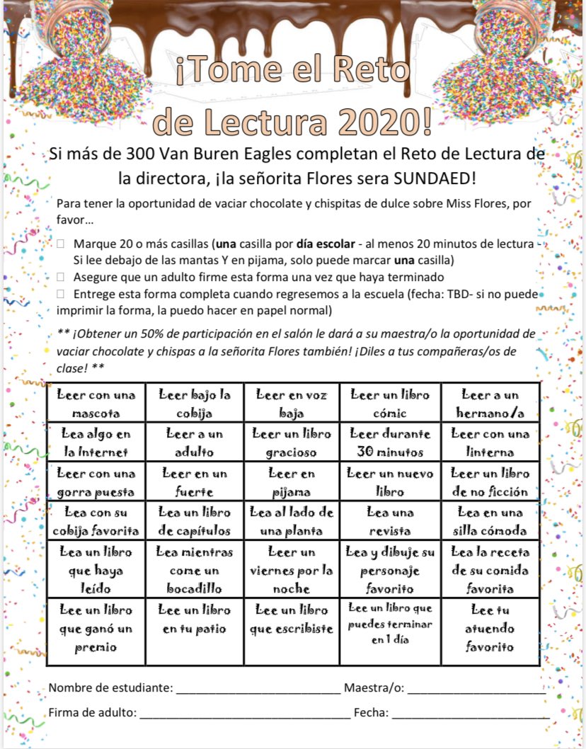 VanBurenEagles's tweet photo. Calling all Eagles! Participate in Miss Flores' reading challenge! β€οΈπ€ππ¦
β€οΈπ€π #JUSDshares #Reaaaad
Check your teacher's communication system or download here:
English: https://t.co/xlUSXf4aW3
Espanol: https://t.co/NjvxNQpMeG https://t.co/LaWEsByVtq