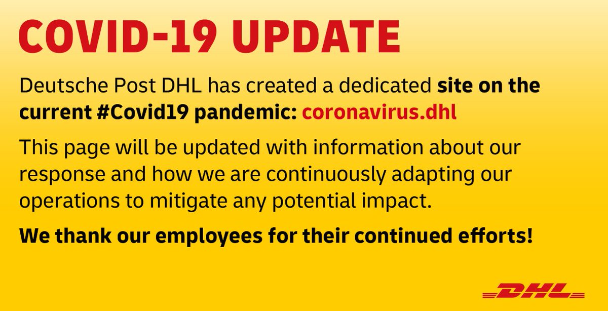 DHLAmericas's tweet photo. With the worldwide outbreak of COVID-19, DHL is taking all necessary measures to maintain the safety of our employees &amp; our customers. As a global company, we're following  global standards to minimize any disruption to our operations &amp; services. https://t.co/iSoQn7Owpa https://t.co/U1jec2B58Q