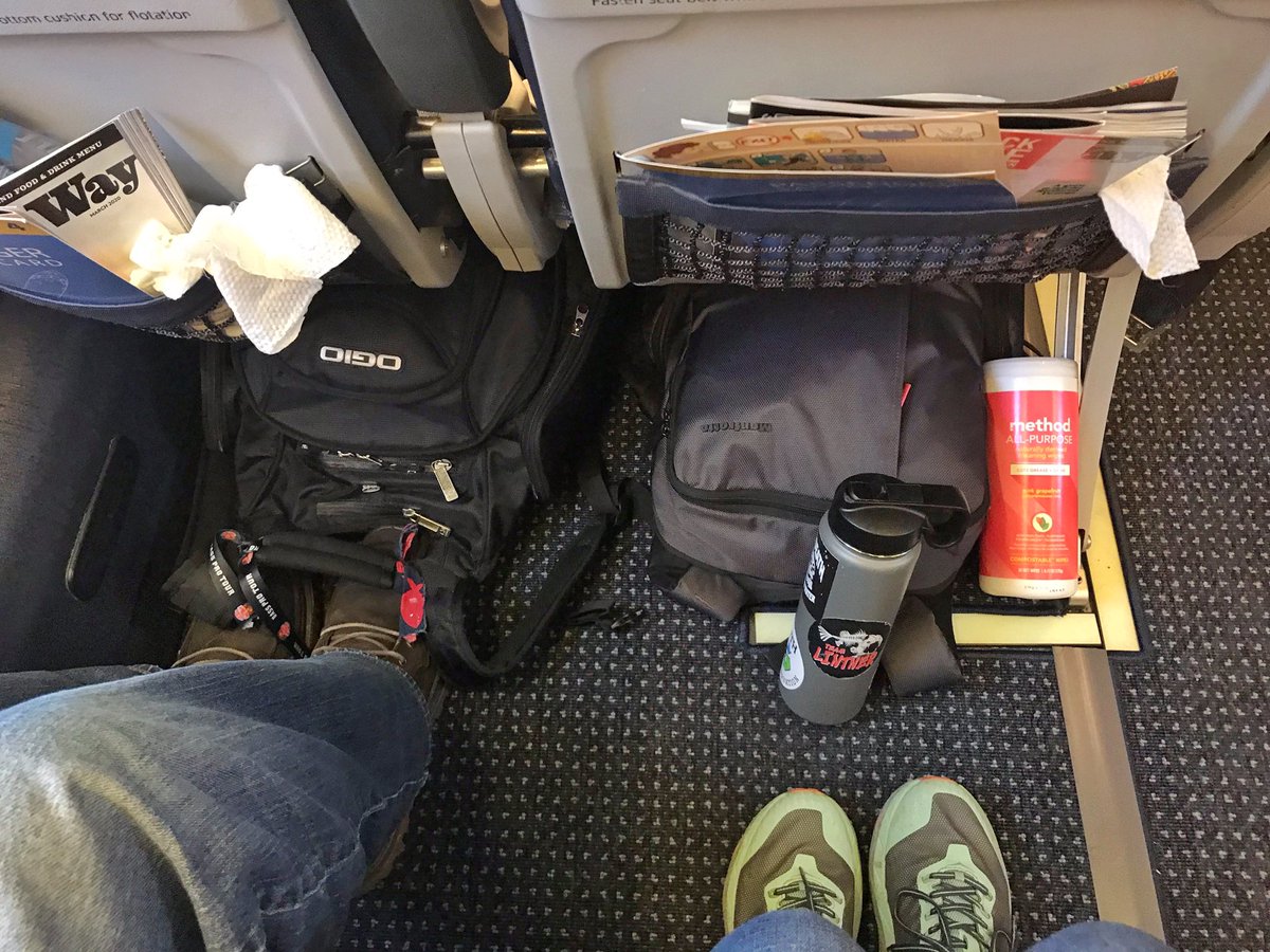 TeamLintner's tweet photo. Flying has never been his fav 🙄😂 Made him sanitize his sitting area before taking a seat today😜 Just our do-diligence to make it home safely &amp; as healthy as possible 🙌🏼 Brought the whole @methodproducts wipe bottle ✨ ✈️  #headedwest #flyinhome #teamlintner #👨🏻 https://t.co/1cQELnrDjc