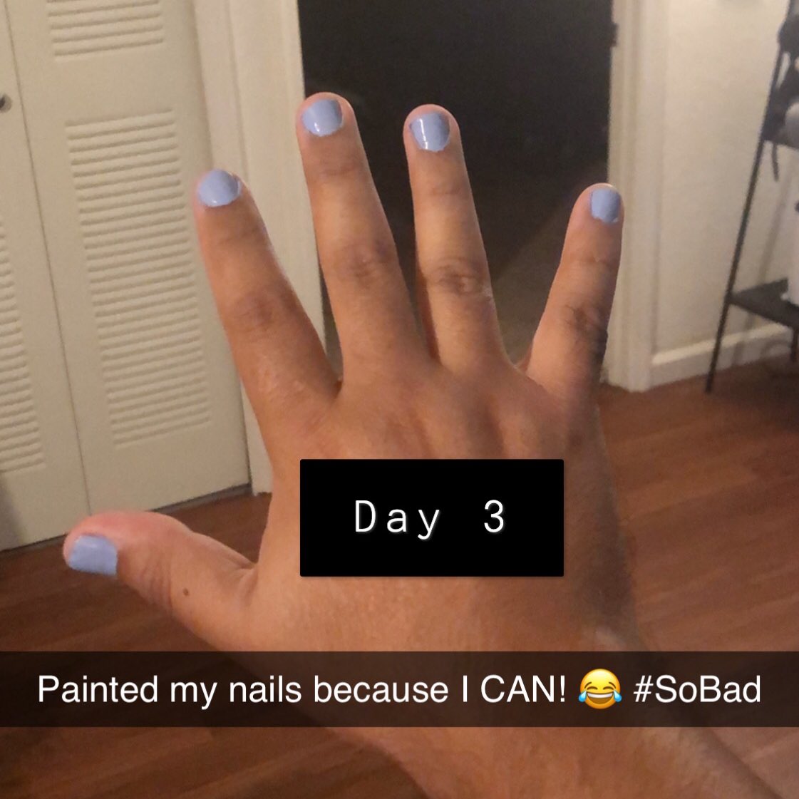 3 days down, ? to go!Twitter said I should organize my closets but I was a potato today. I like to think I’m just napping a lot because I’m catching up on my sleep and not because I’m depressed.I painted my nails this awful color today for fun and because Mick can’t tell not to