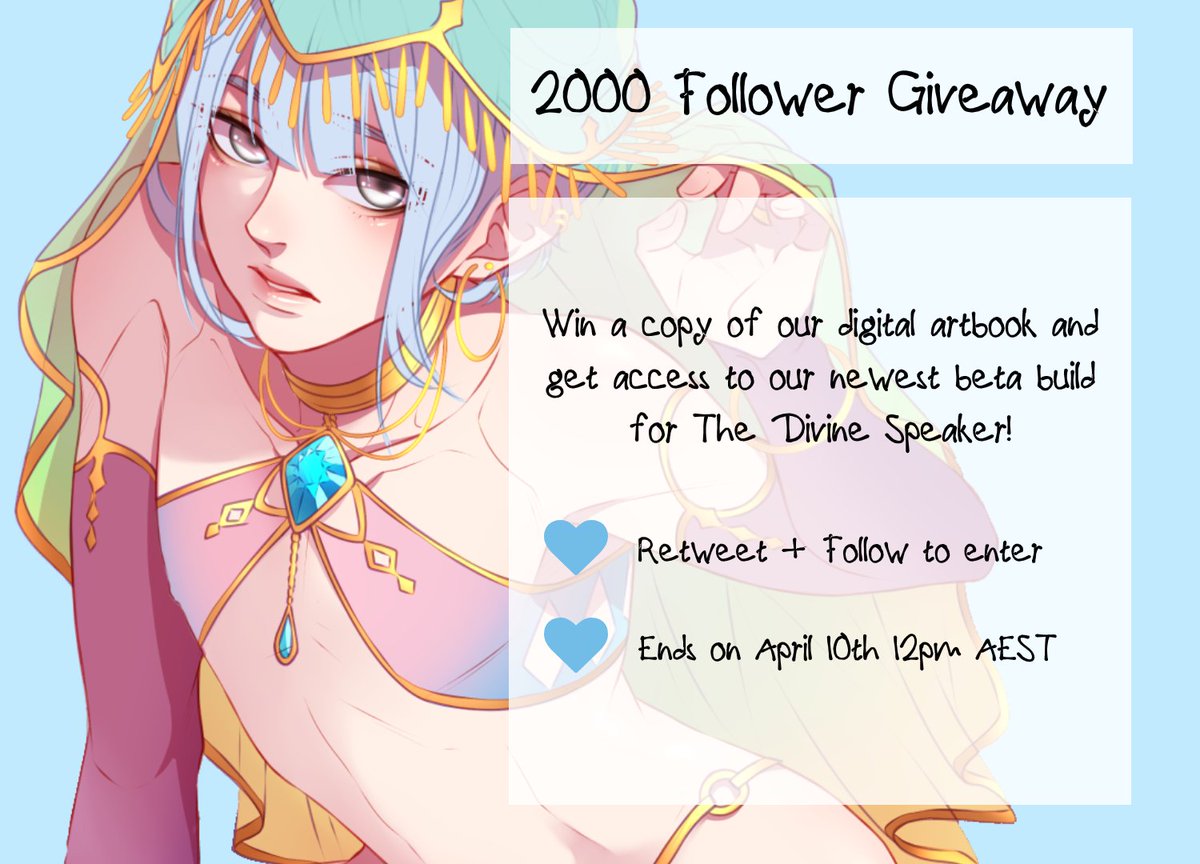 TwoHalfStudios's tweet photo. 🌸2000 Followers Giveaway🌸

Two lucky winners will receive:

🏅 The Divine Speaker 2019 Digital Art Collection
🏅 Beta Build of The Divine Speaker

The beta build is ~69,000 words long, and usually exclusive to backers and patrons!

Retweet + Follow to enter!
#gamedev #vnlink https://t.co/I3rFkKvq3X