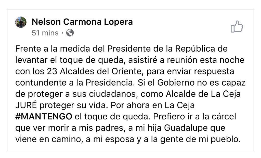 Santialarconu's tweet image. Miren el mensaje del alcalde de la Ceja-Antioquia Nelson Carmona Lopera.