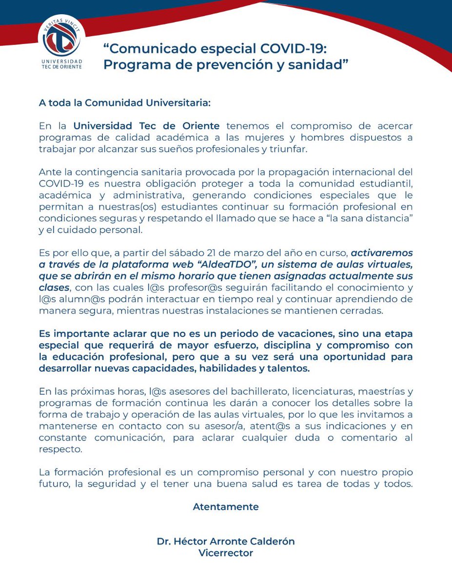 Atendiendo las disposiciones de la Secretaría de Educación Pública respecto a la situación del COVID-19 compartimos a toda la Comunidad Universitaria el presente “Comunicado especial”.
