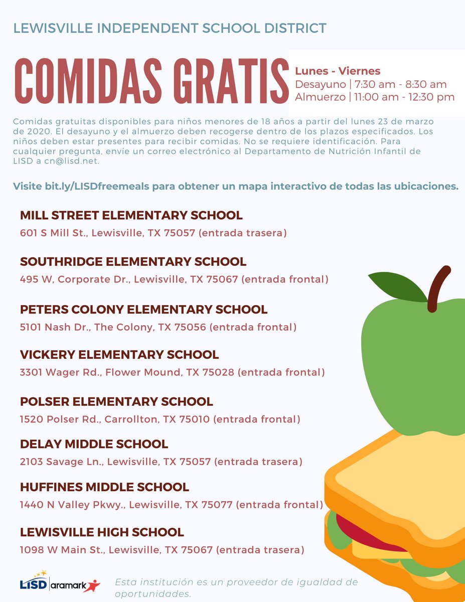 Please Share 🍏 | Free drive-up grab &amp; go meals available for children age 18 and under beginning Monday, March 23. Children must be present to receive meals. No ID required. Visit bit.ly/LISDfreemeals for an interactive map of all locations.