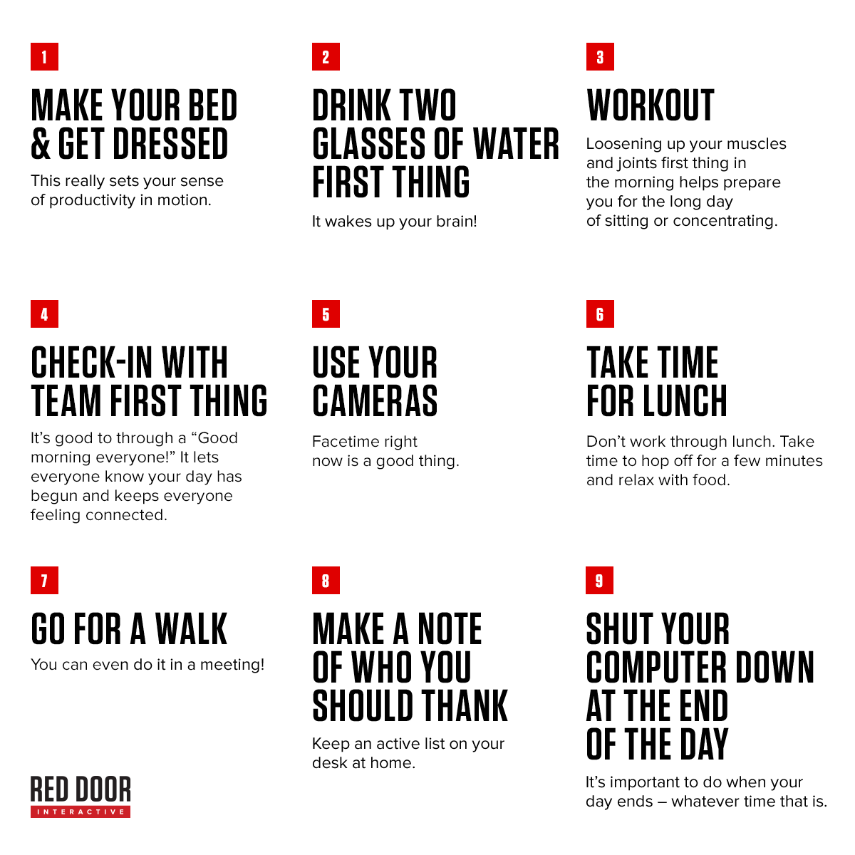 reddoor's tweet photo. As many of us are now working from home full-time, we thought we'd share some #WFH tips, courtesy of our own VP of Cross-Channel Marketing, @heathermmolina. How are you staying productive while you #workfromhome? 💡 

#RDIshare https://t.co/CeJCnxWKXB