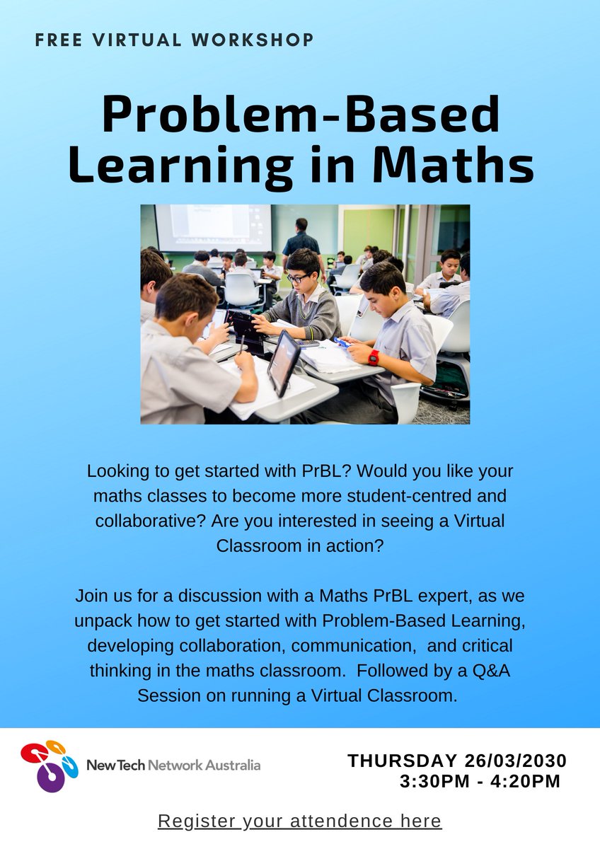 External PD Cancelled? Lessons moving online? Join our FREE Virtual Workshop on Problem-Based Learning next week and learn how to run a collaborative, interactive and reflective virtual classroom at the same time. Sign Up Now! 
ntnau.org/news/2020/3/18… #pbl #aussieED #pblchat