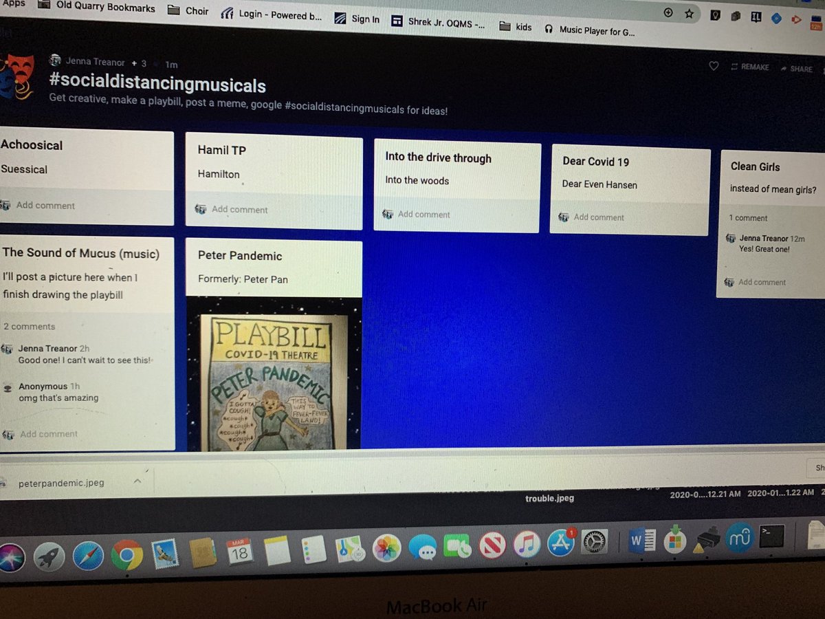 jennatreanor's tweet photo. Took an idea from #socialdistancingmusicals and created a @padlet for students to get creative! How would you rename a Broadway Musical to fit the Coronovirus era? #ilschoolsstepup #oqfamily #oqms #sd113a @MusicalMrB https://t.co/keZwllCjil