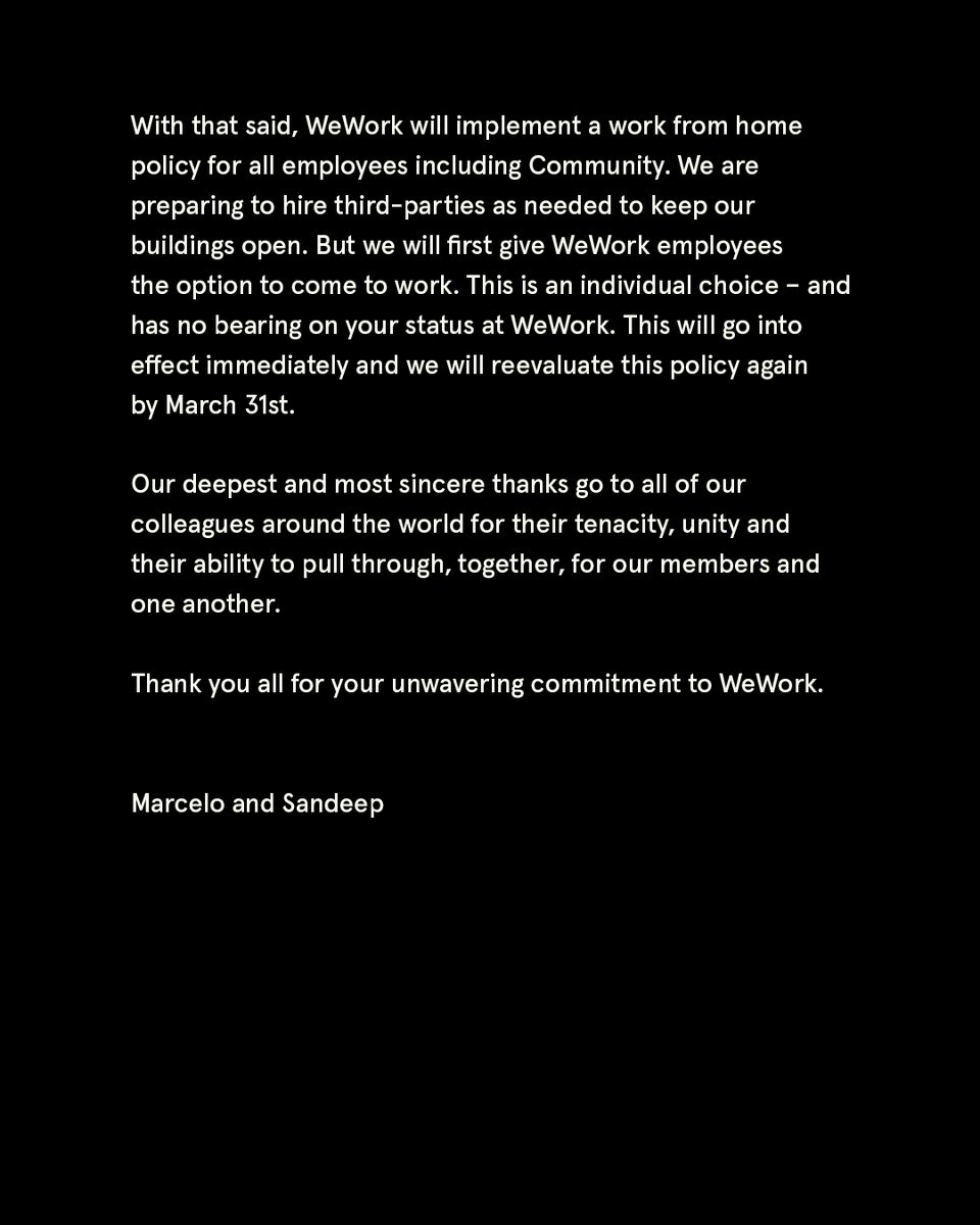 We know the past few weeks have been challenging—to say the least. Please read this rationale as it relates to our COVID-19 approach, and know these decisions are being made with empathy, humanity, and responsibility to all those who depend on us at their core. #wework