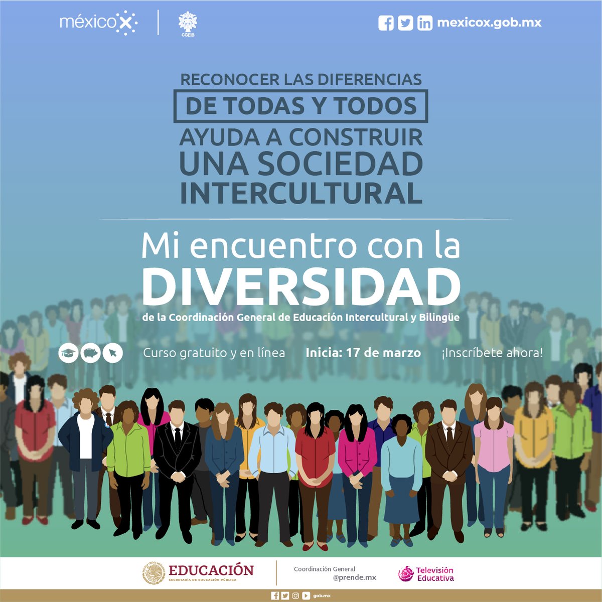 CursosAprendeMX's tweet photo. Aprende como desarrollar competencias interculturales, con este #CursoEnLínea 'Mi encuentro con la diversidad', de #CGEIB de @SEP_mx.
Conoce más información aquí: 👉 https://t.co/yrSdsWJYK3 👈 https://t.co/wuM7YHEkx2