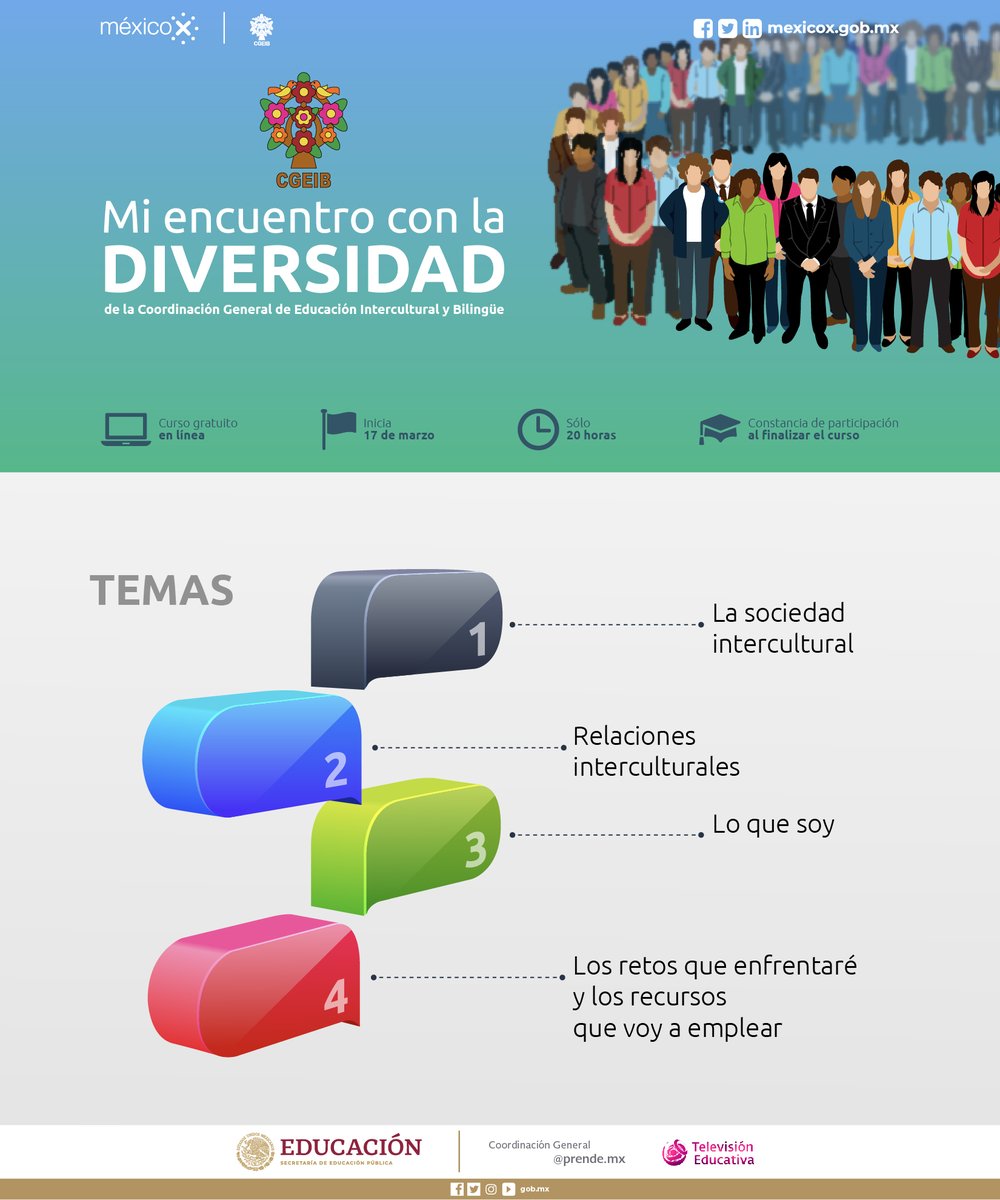 CursosAprendeMX's tweet photo. Aprende como desarrollar competencias interculturales, con este #CursoEnLínea 'Mi encuentro con la diversidad', de #CGEIB de @SEP_mx.
Conoce más información aquí: 👉 https://t.co/yrSdsWJYK3 👈 https://t.co/wuM7YHEkx2