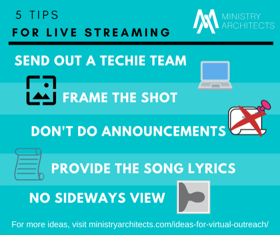 Facebook Live TOMORROW (3/19), 9 AM CT/10 AM ET, to take questions, discuss tips like these and how church communities are staying connected. #inthistogether
Plus 5 Live Streaming Tips!
bit.ly/3d6CBI9