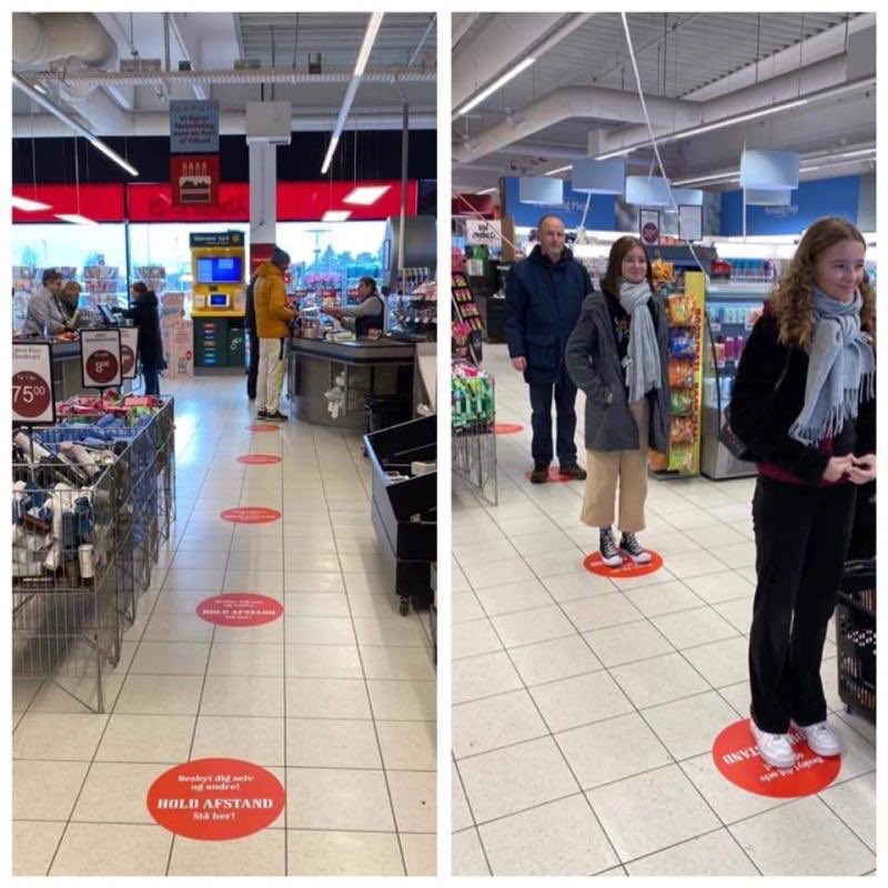 BrentToderian's tweet photo. Worried how far apart you should be in a supermarket line-up while #SocialDistancing? No surprise, the Danes have a simple design solution for that. #CopyThis #COVID19 #coronavirus via Henrik Schou https://t.co/8T8lU08ewx